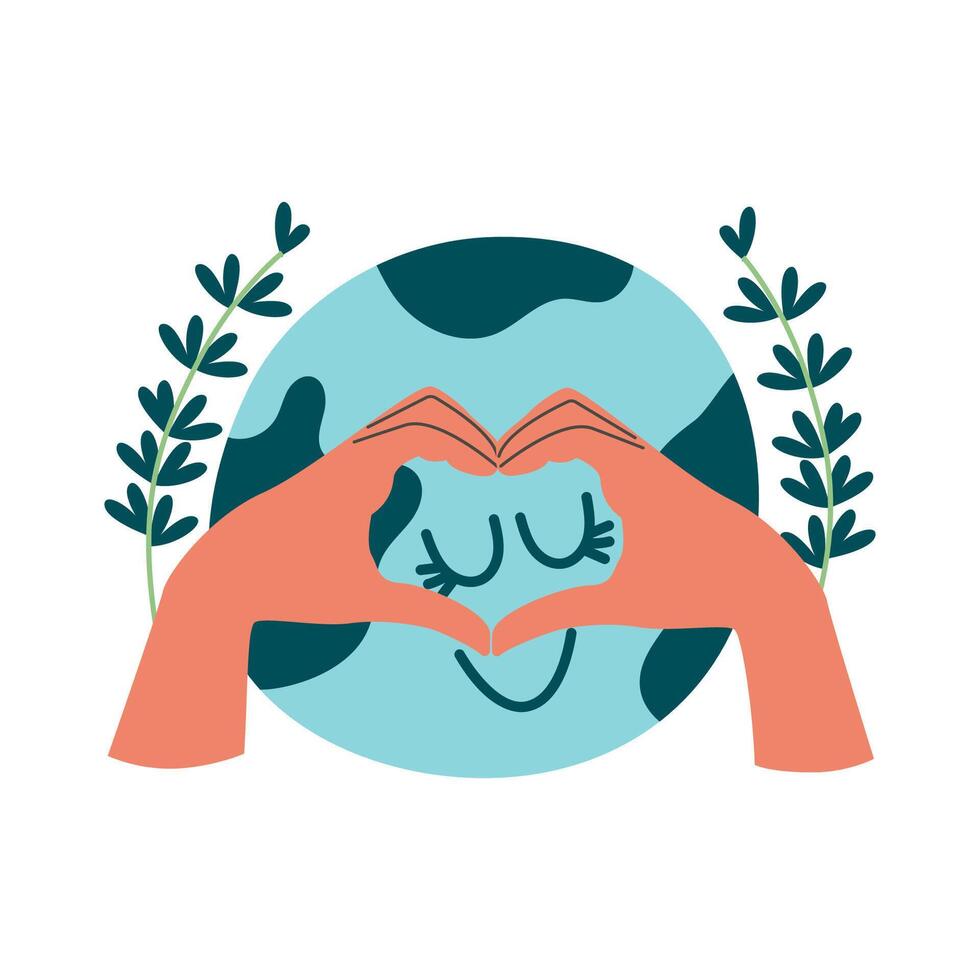 Kawaii character planet earth with heart-shaped hand eco friendly isolated vector