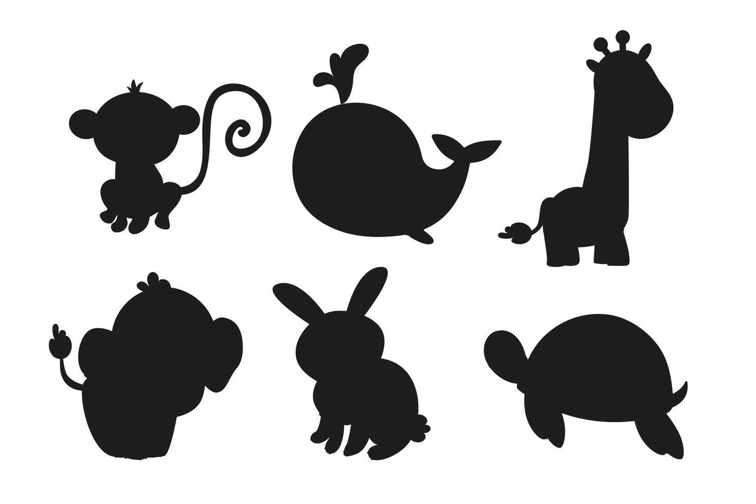Set silhouette animal characters whale, giraffe, turtle, rabbit, elephant, monkey vector