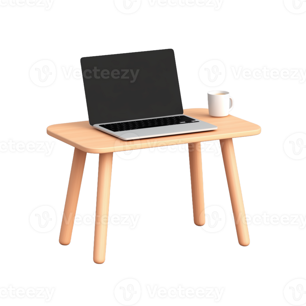 Minimalist office setup with laptop and coffee cup on wooden table on transparent background png