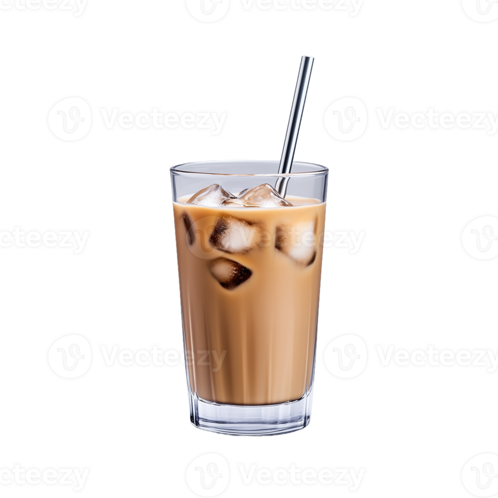 Refreshing iced coffee with a metal straw on a transparent background, showcasing creamy texture and ice cubes for a delicious cooling beverage png