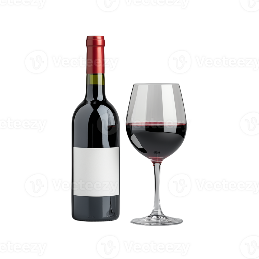 Elegant bottle of red wine with a filled wine glass on a transparent background, showcasing sophistication and class for celebrations or dining png