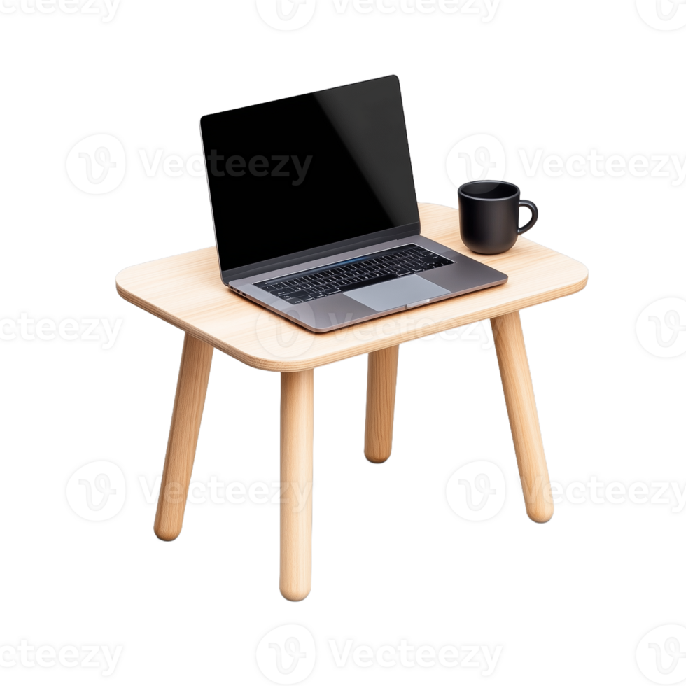 Modern laptop on a small wooden table with a coffee mug, isolated on transparent background for home office or workspace concept png