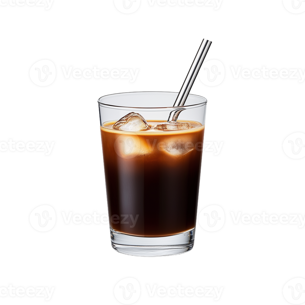 Refreshing iced coffee with metal straw photographed on transparent background in a clear glass featuring ice cubes and rich dark color png