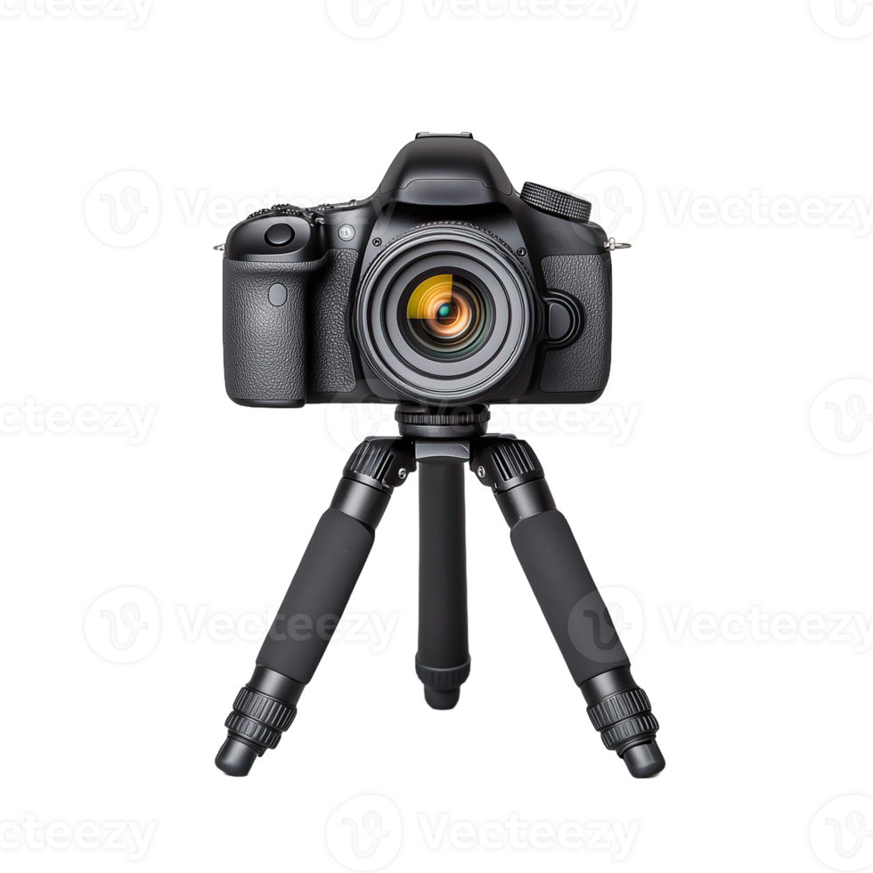 Professional DSLR camera mounted on a sturdy tripod with a transparent background for photography enthusiasts and experts png