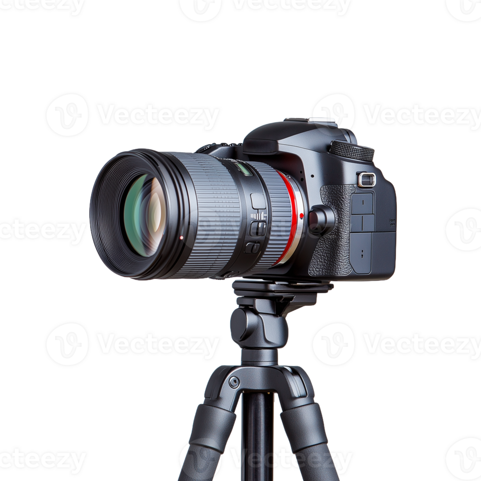 Professional DSLR camera mounted on a tripod with a large zoom lens, ideal for high-quality photography on a transparent background. png