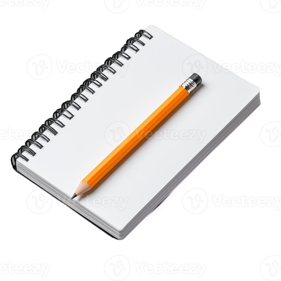 Spiral notebook with an orange pencil on a transparent background, ideal for concepts of creativity and writing tools. png