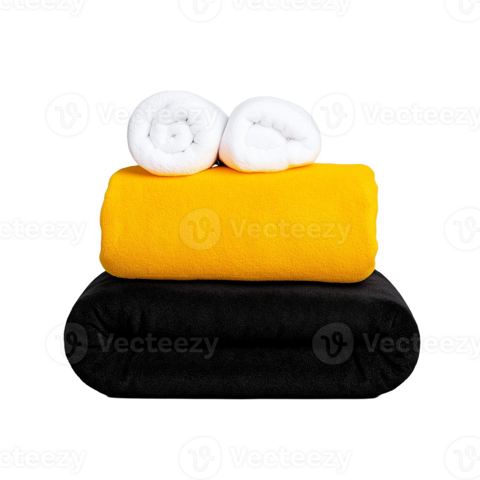 Stack of colorful towels with soft textures on a transparent background featuring yellow, black, and white fabrics png