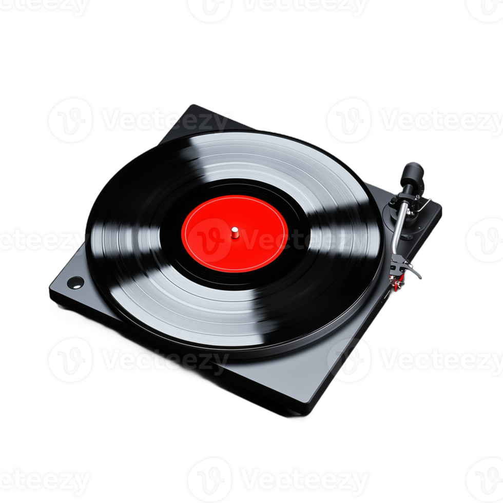 High-quality vinyl record player with black and red disc spinning isolated on a transparent background, showcasing retro music listening culture. png