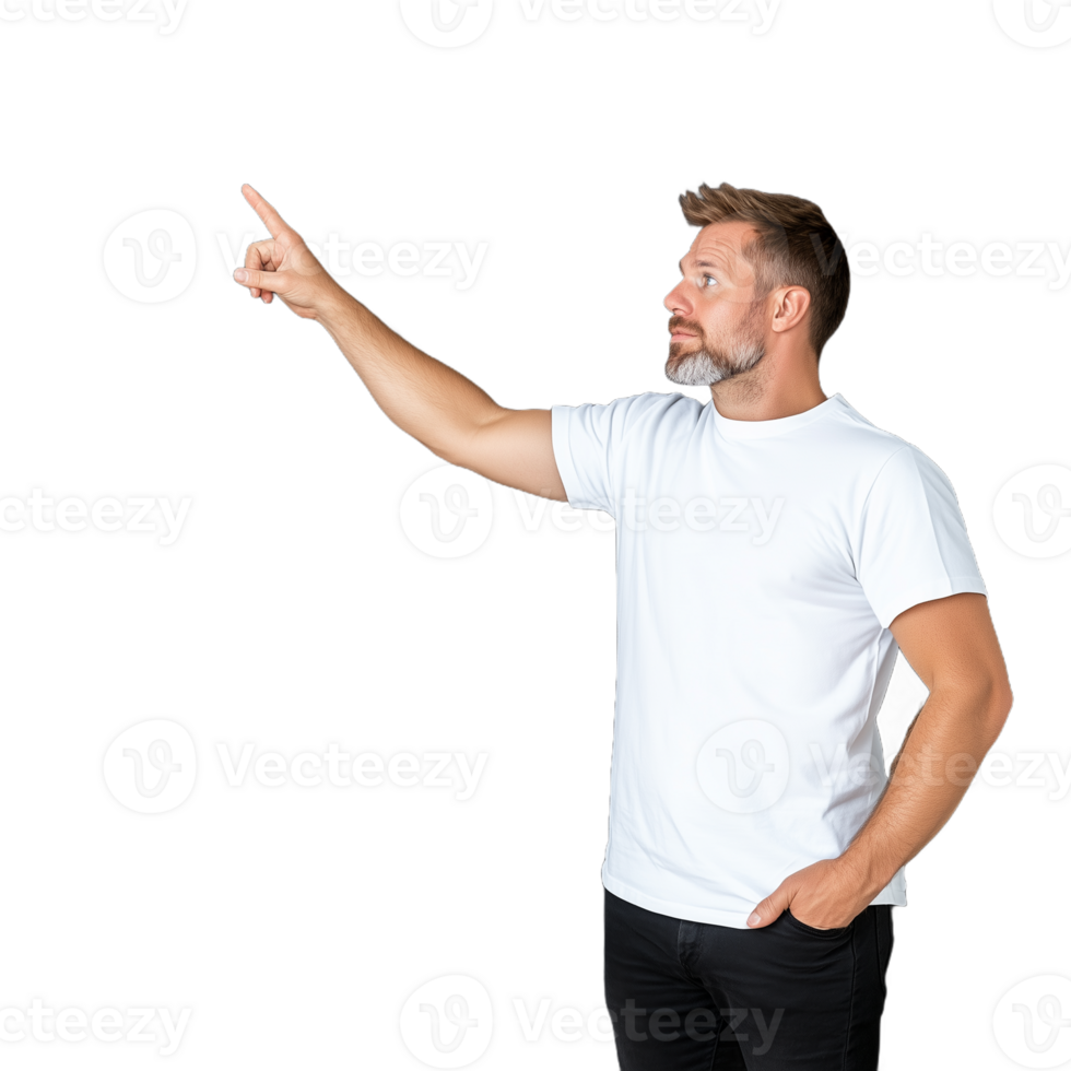 Man in white t-shirt pointing upward on transparent background with confident expression and casual attire png