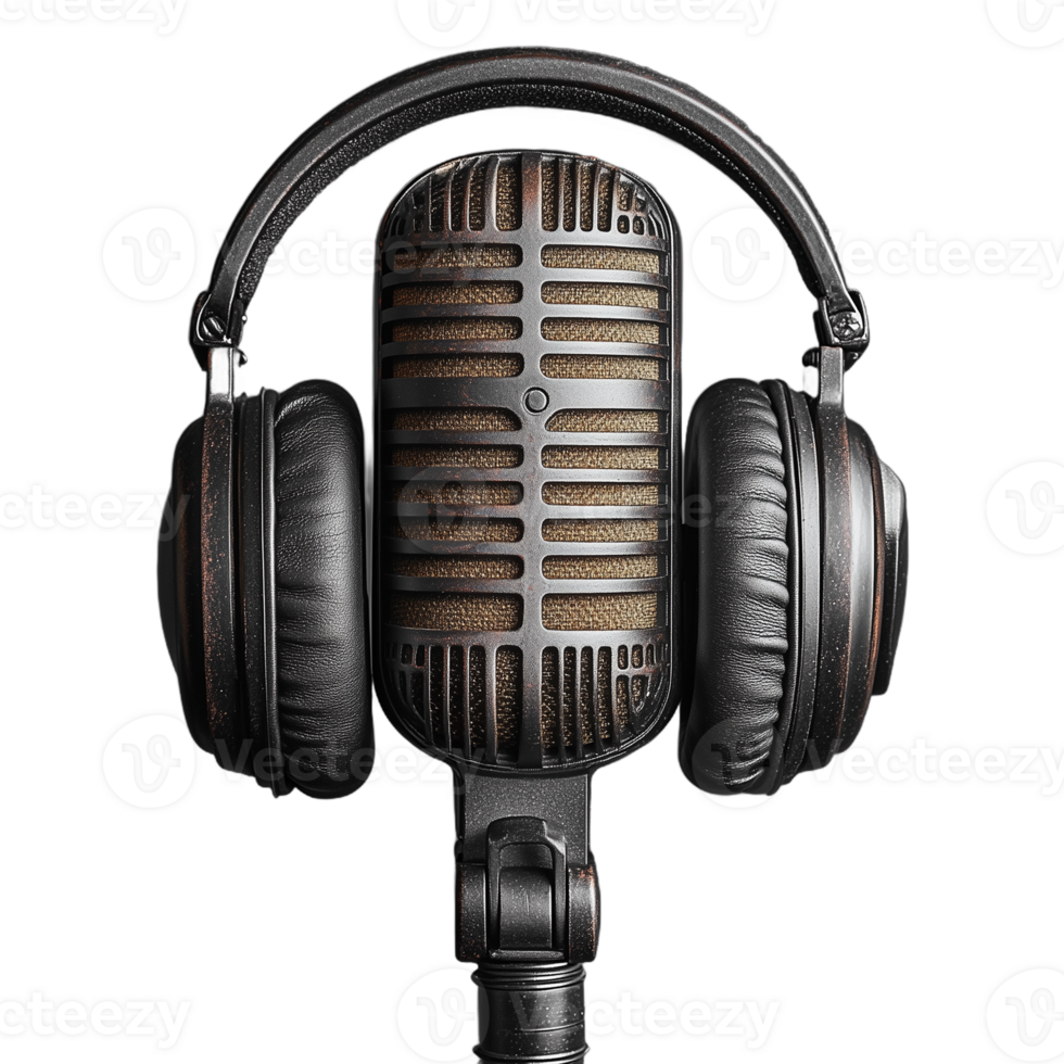 Retro microphone with large headphones on a transparent background symbolizing music, broadcasting, or podcasting showcasing vintage style and audio equipment. png