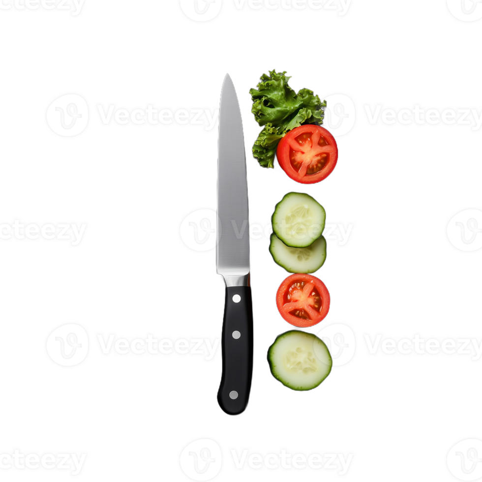 Knife with slicing of fresh vegetables including tomato, cucumber, and lettuce on a transparent background. png