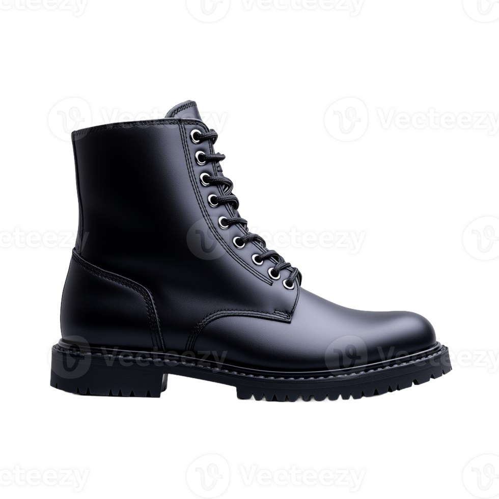 Classic black leather boot on transparent background showcasing stylish design and durability for fashion or outdoor use. png