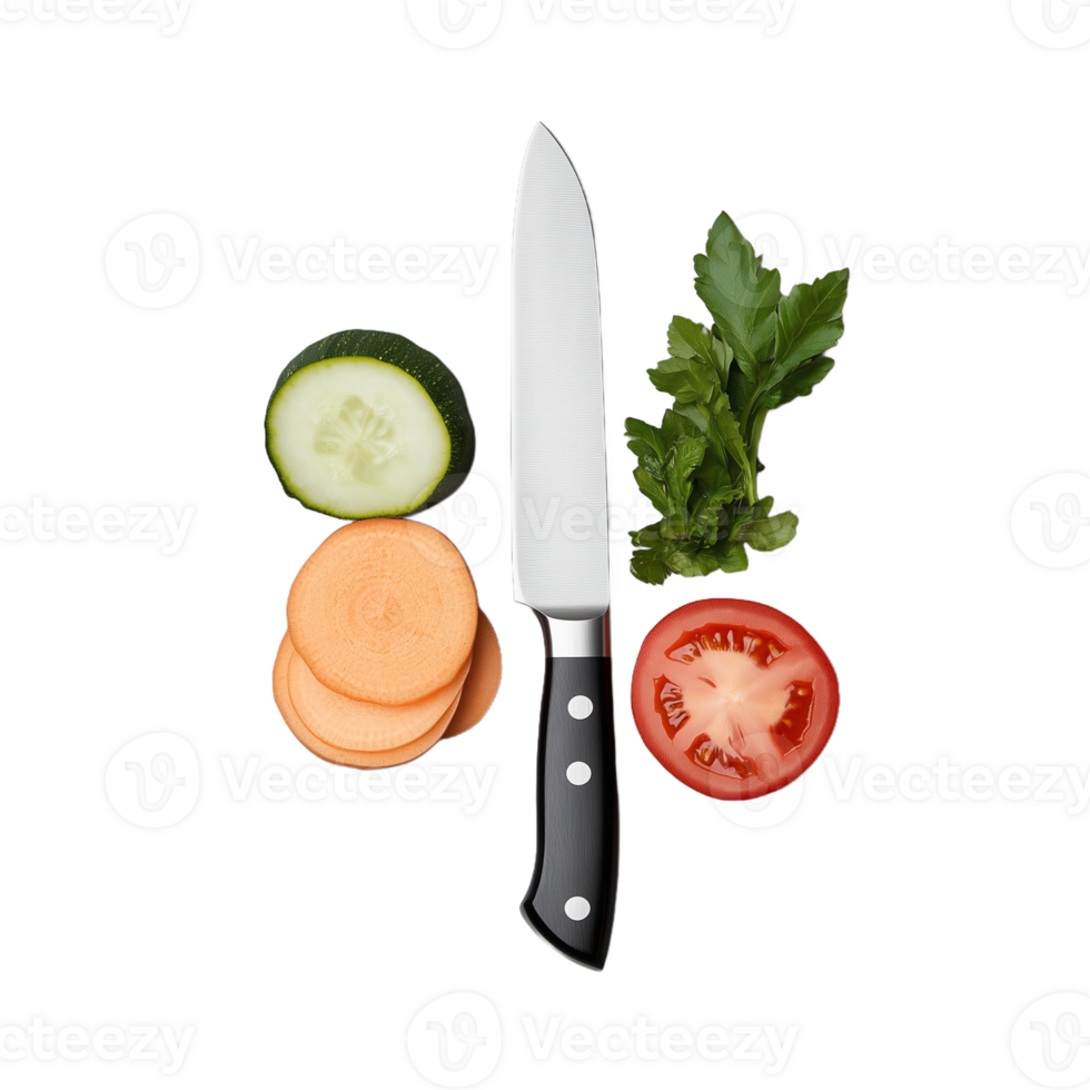 Fresh vegetables and knife on transparent background for cooking and culinary concepts png