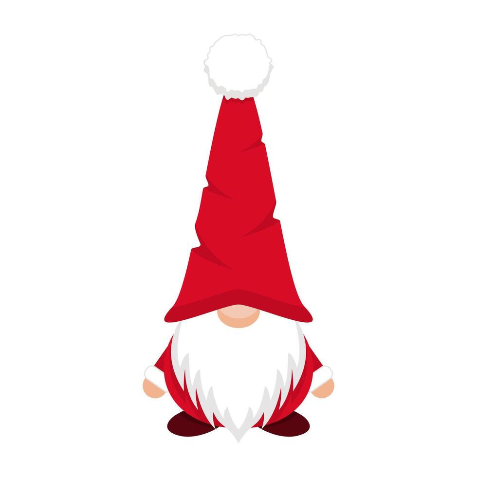 Christmas gnome santa claus in long cap. Happy new years character in red hat covering his eyes with white beard as festive symbol of festive vector