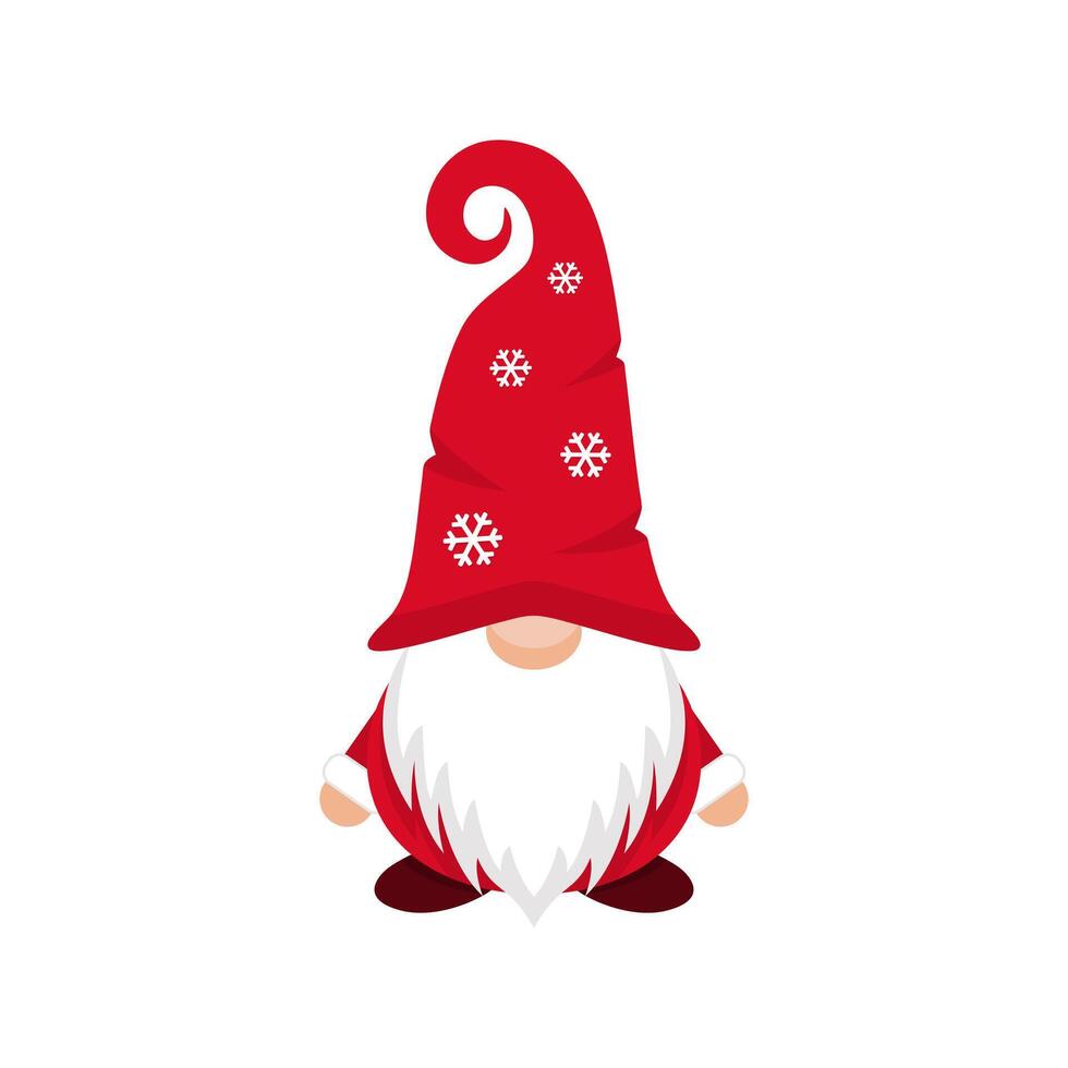 Funny gnome in cap with snowflakes. Greeting little christmas character in hat covering his eyes with white beard vector