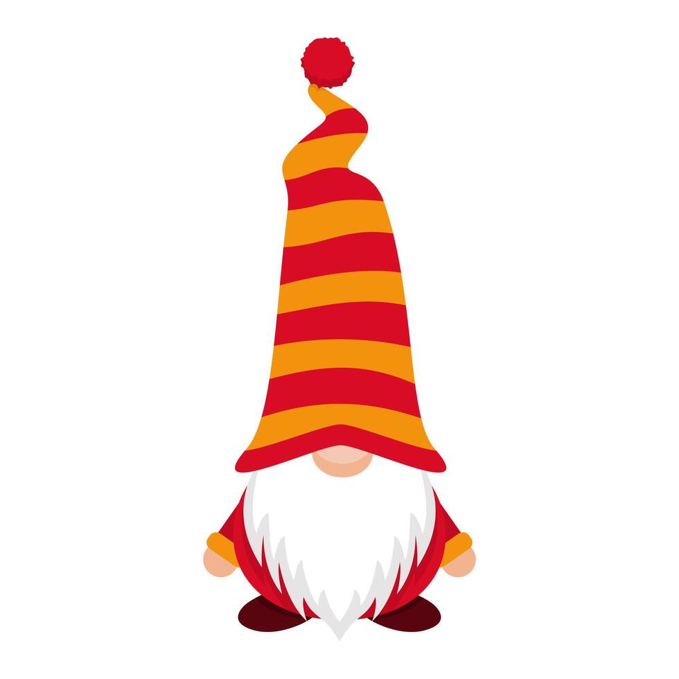 Holiday gnome in striped long cap. Festive new years character in red yellow hat covering his eyes with white beard as cute scandinavian symbol vector