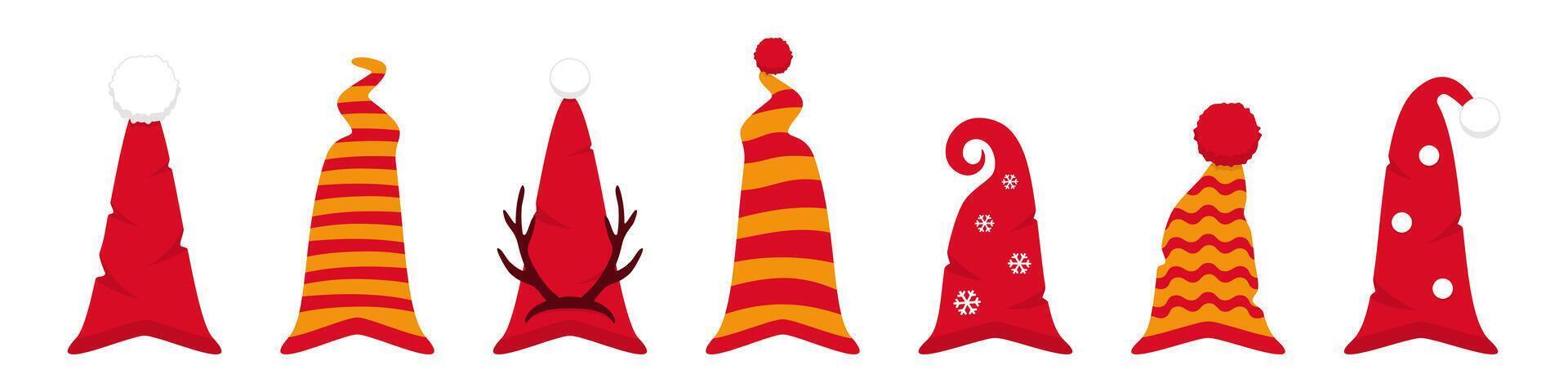 Christmas red hats of gnomes and elves. Colorful cartoon headdresses for festival and celebration with happy new year parties vector