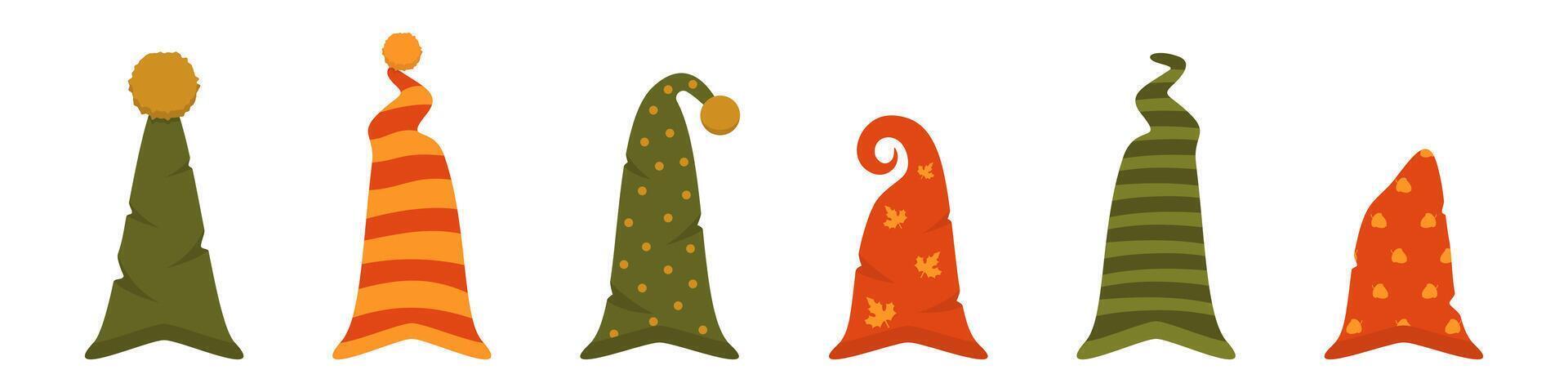 Festive hats of gnomes and elves. Colorful cartoon headdresses for harvest festival and halloween with christmas parties vector