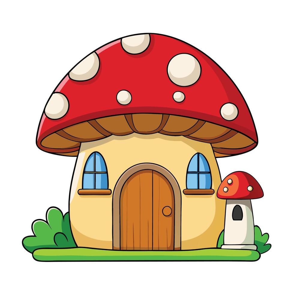 Whimsical Mushroom House Design with Red Roof and Cute Fairy-Tale Elements vector