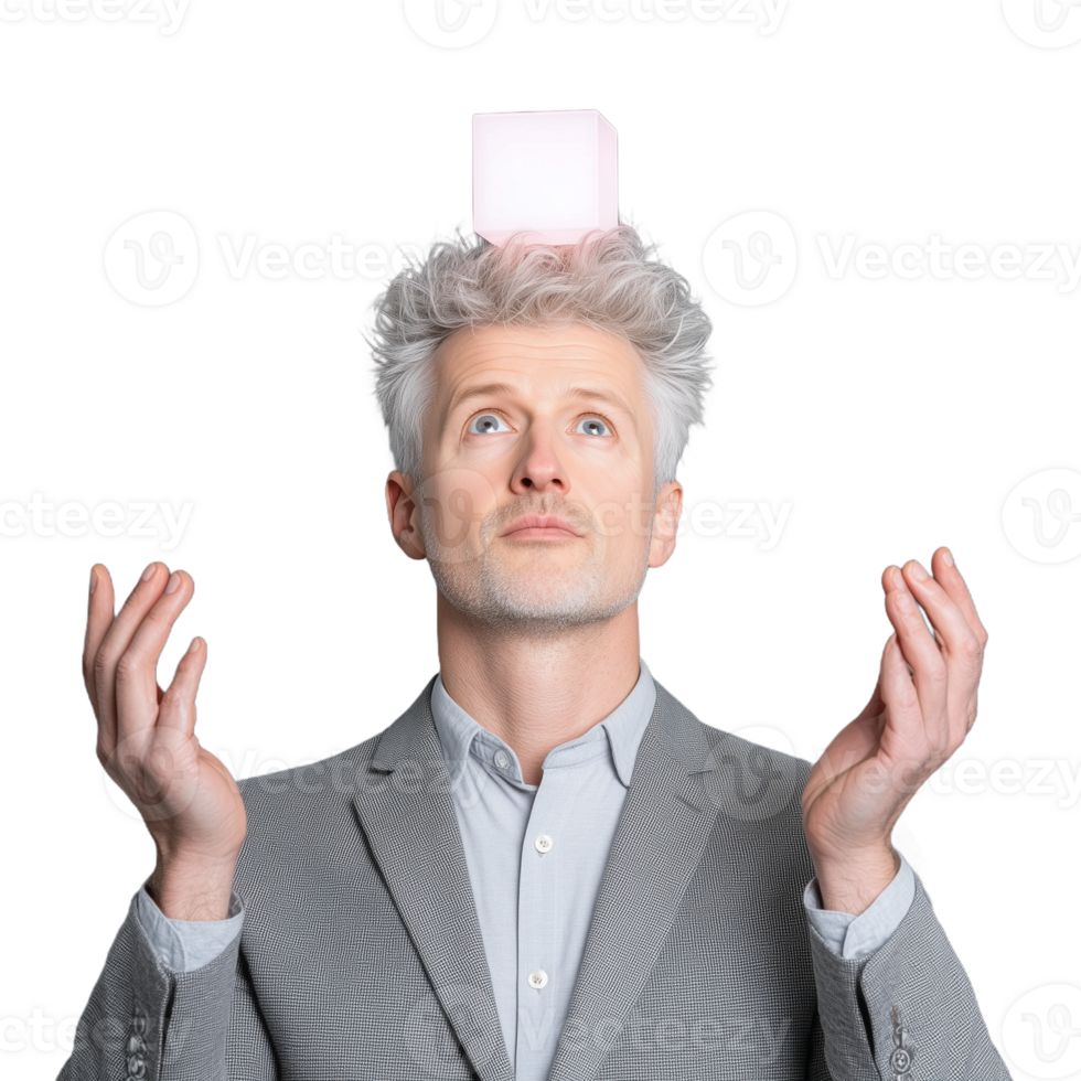 Man with white hair balancing a small box on his head, hands raised in focus on a transparent background png
