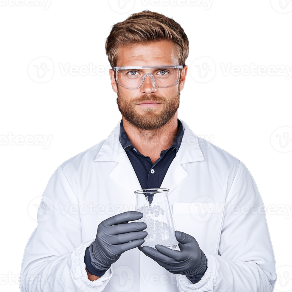 Scientist with beard and glasses wearing a lab coat and gloves, holding test tubes on a transparent background png
