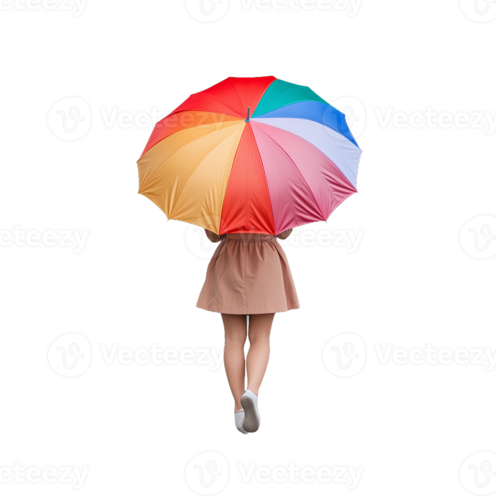 Girl holding a colorful umbrella, standing with her back turned on a transparent background png
