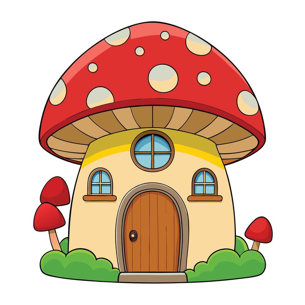 Whimsical Mushroom House Illustration with Red Cap and Stone Pathway vector