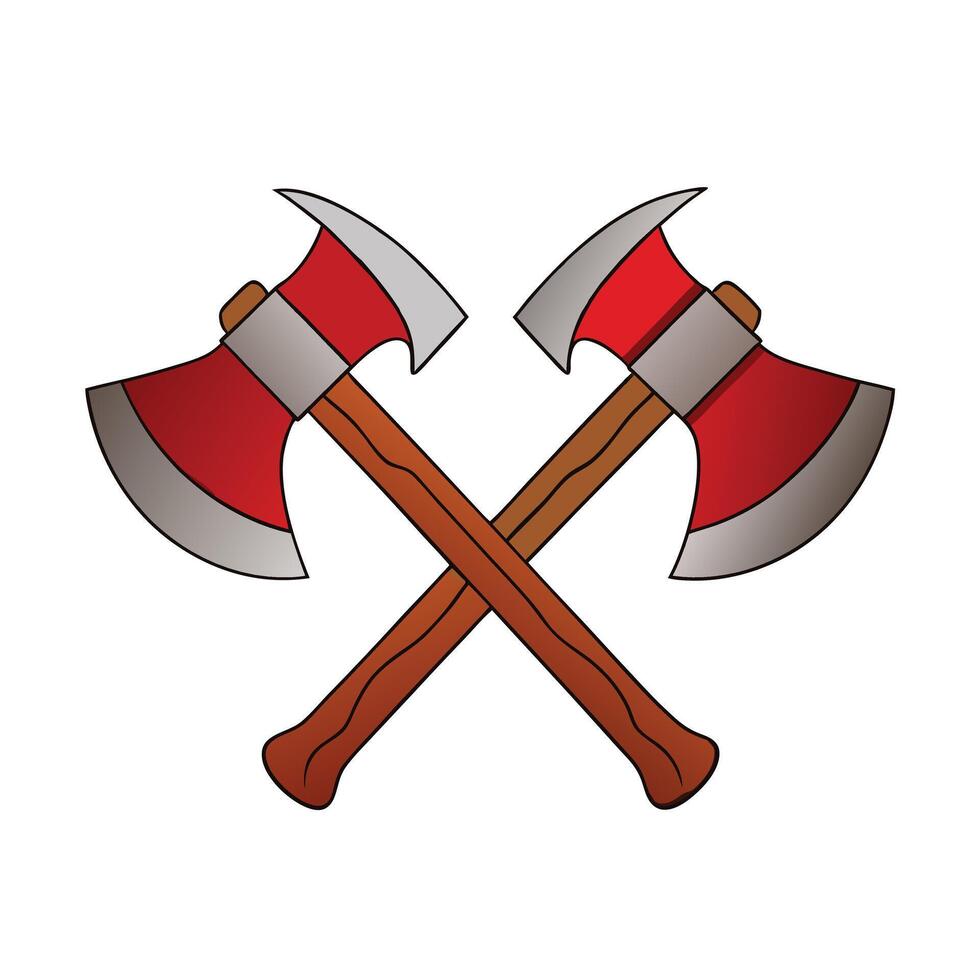Clipart of Crossed Axes with Wooden Handles and Red Blades vector