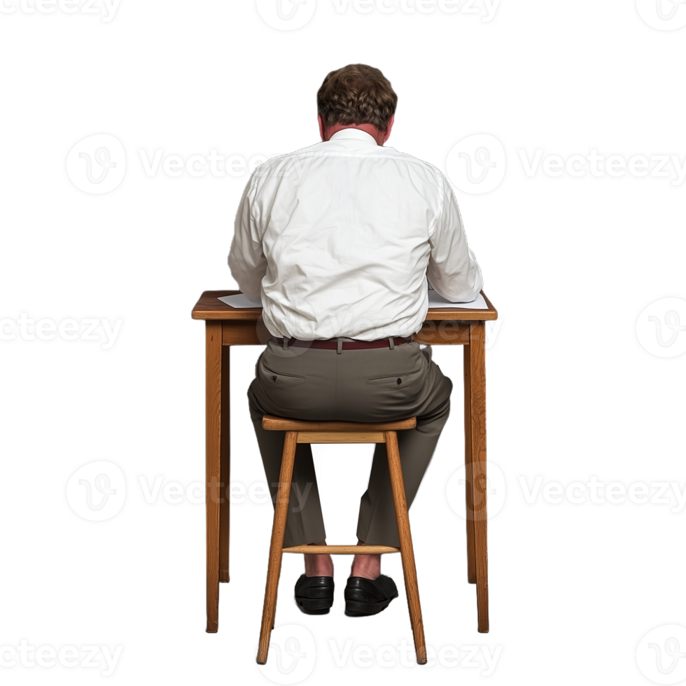 Rear view of a man in white shirt sitting at a desk, writing notes on a transparent background png