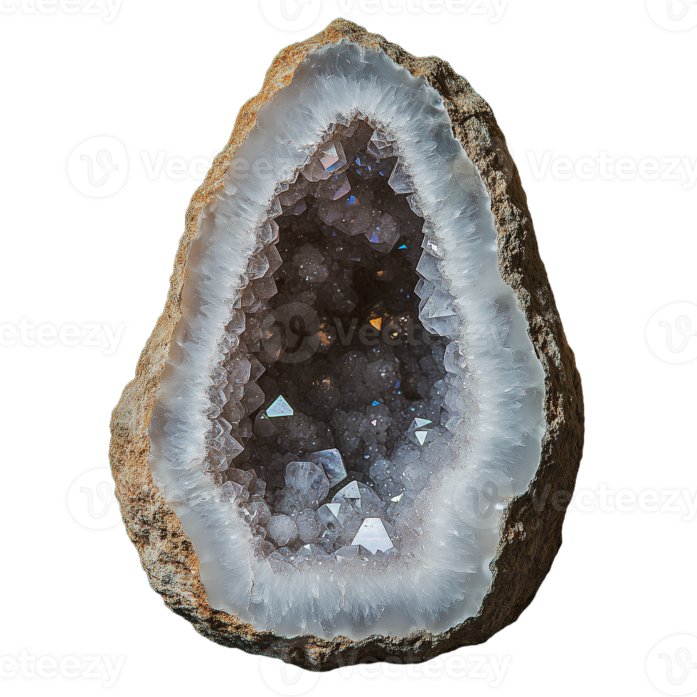 Realistic photo of a geode with a hollow center filled with crystals on a transparent background png