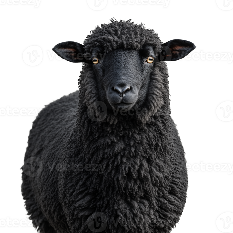 Close-up of a black sheep with curly wool staring directly at the camera on a transparent background png