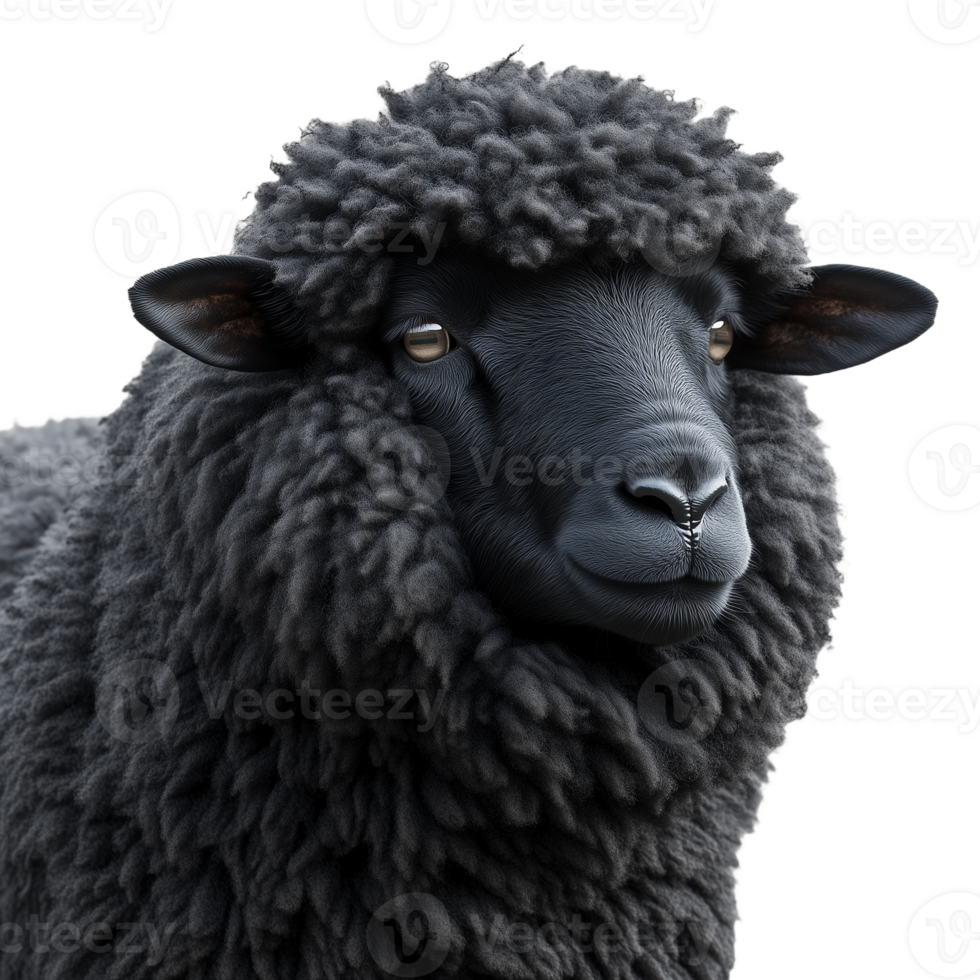 Close-up of a black sheep's face with curly wool on a transparent background png