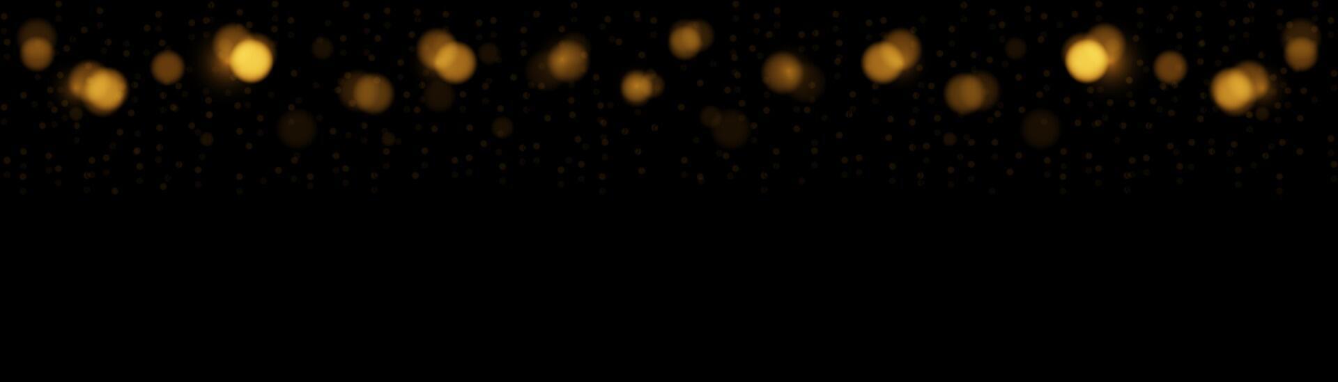 horizontal banner many Golden bokeh circles, golden particle on black background. Yellow and Orange light circular design along the top edge of the banner. Background with copyright. vector