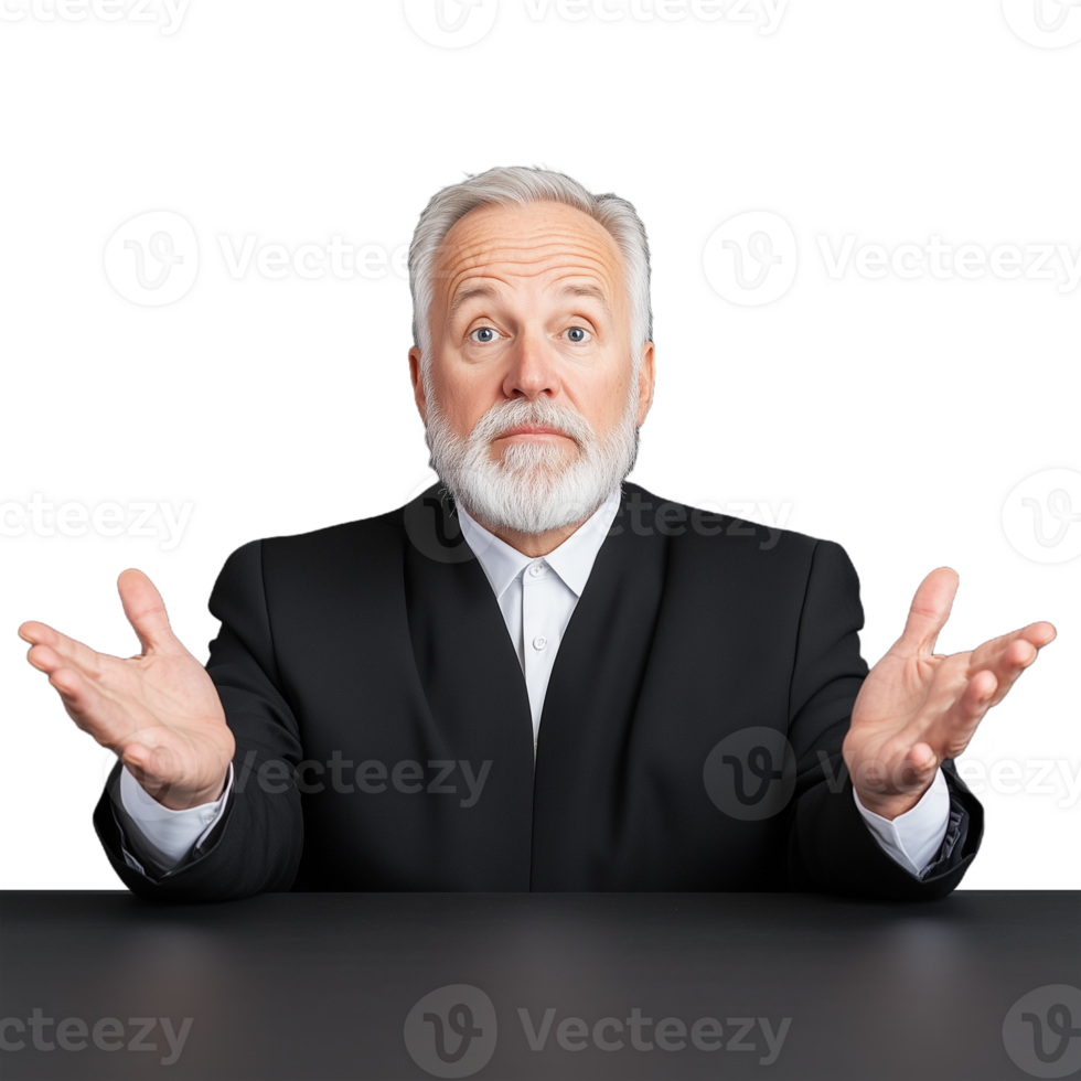 Older man in black suit raising hands in confusion while sitting at a desk on a transparent background png