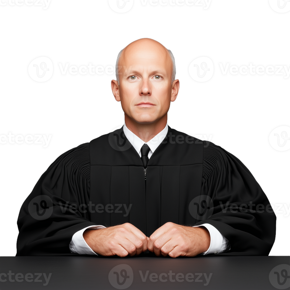 Bald man in judge's robe sitting at a desk with a serious expression on a transparent background png