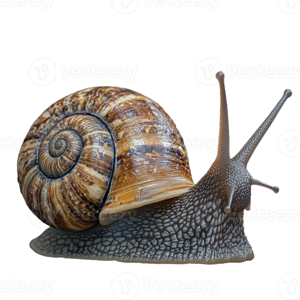 Realistic photo of a brown snail with a spiral shell crawling on a transparent background png