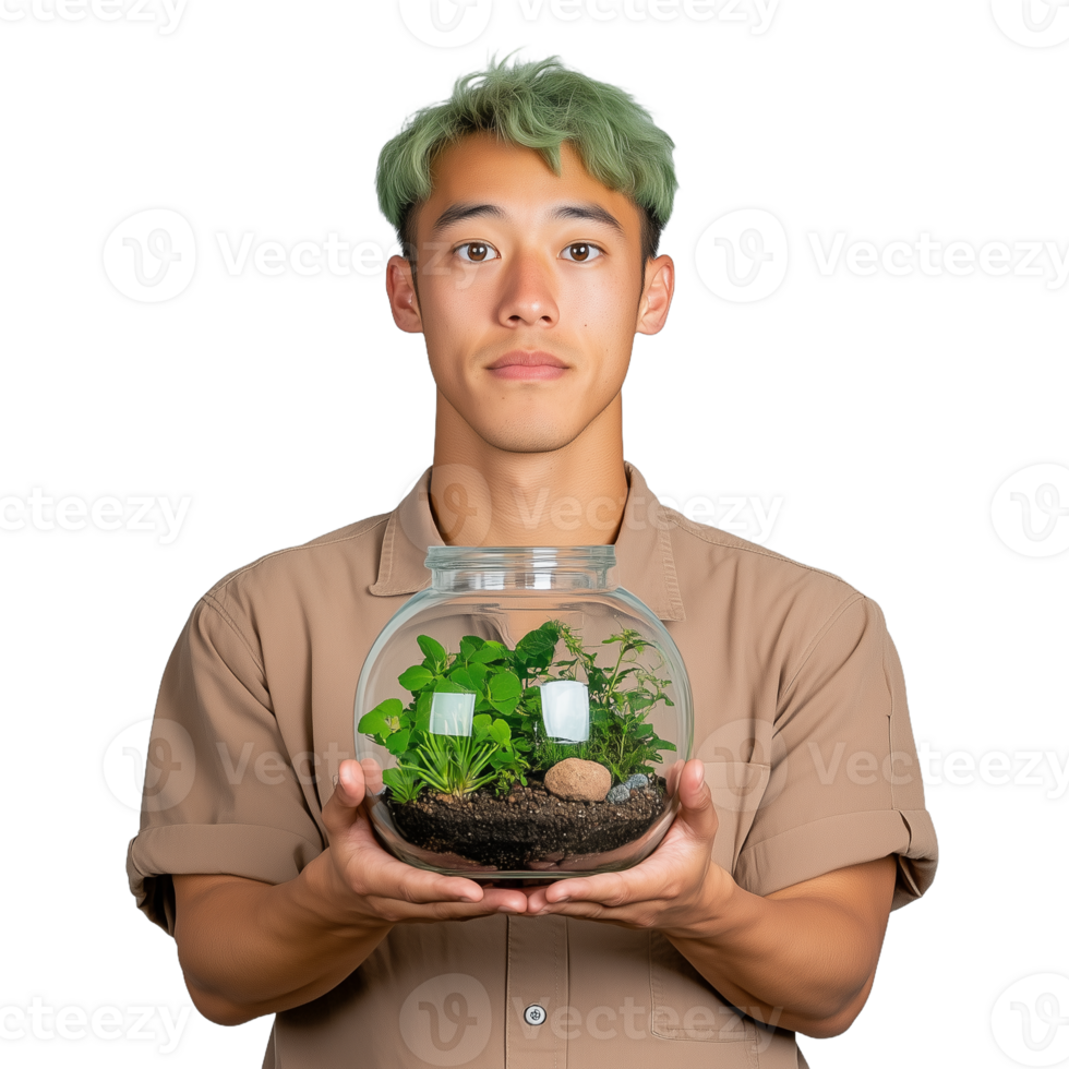 Man with mint green hair holding a glass terrarium with plants on a transparent background png