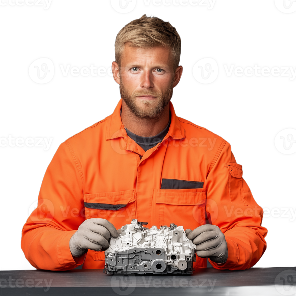 Man in orange mechanic uniform holding a car part with a focused expression on a transparent background png