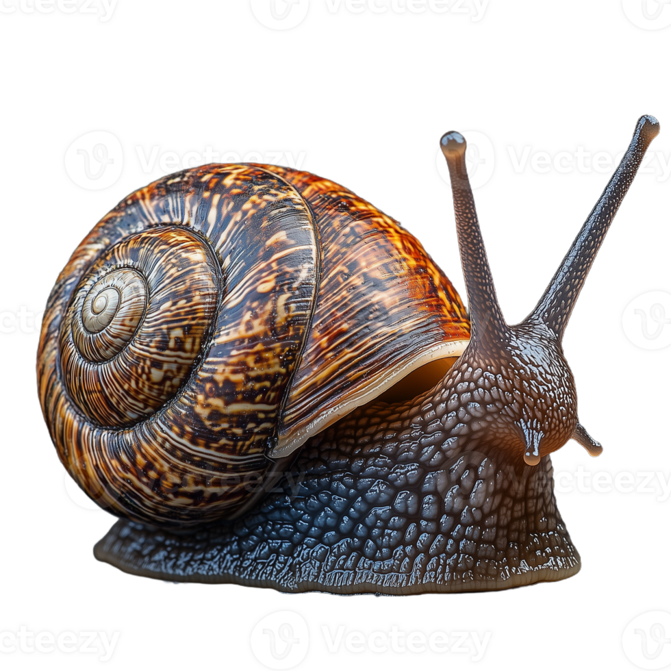 Photo of a snail with a spiral shell and antennae extended on a transparent background png