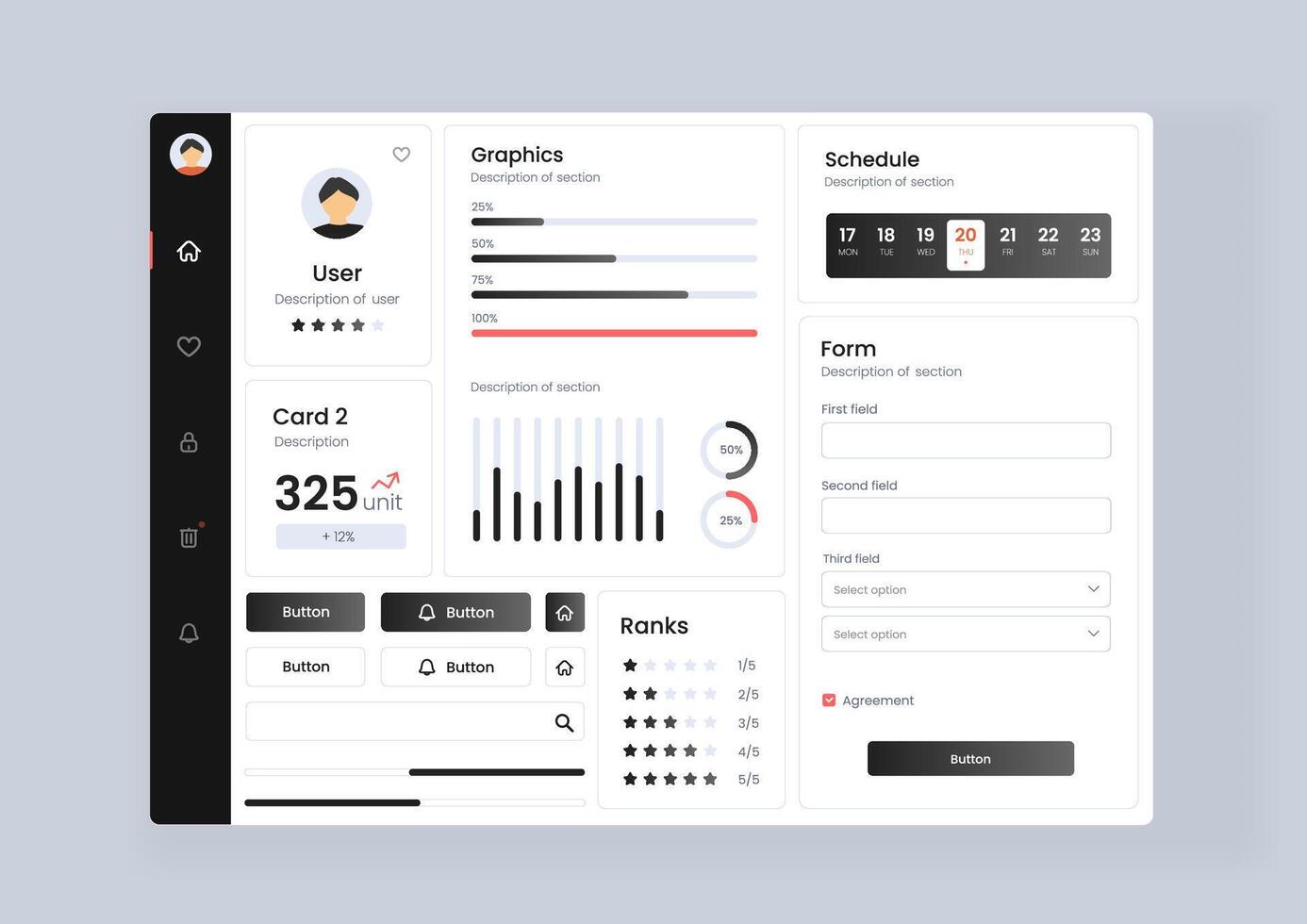 analytics dashboard user interface with diverse data visualization. Analytics dashboard user interface that includes a variety of charts and tables for efficient data management and monitoring. vector