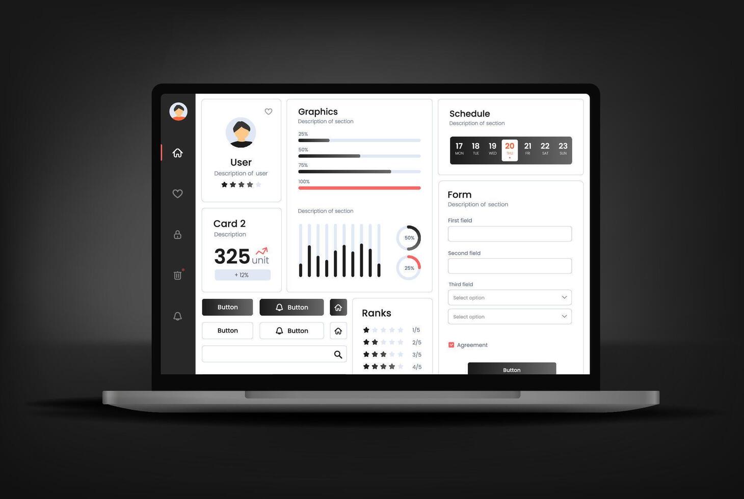 User interface of laptop. UX UI design. Dashboard usability on electronic devices. Charts and tables for data management and monitoring. vector