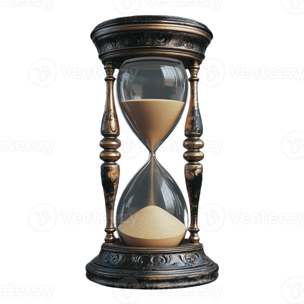 Photo of a vintage hourglass with sand and a decorative metal frame on a transparent background png