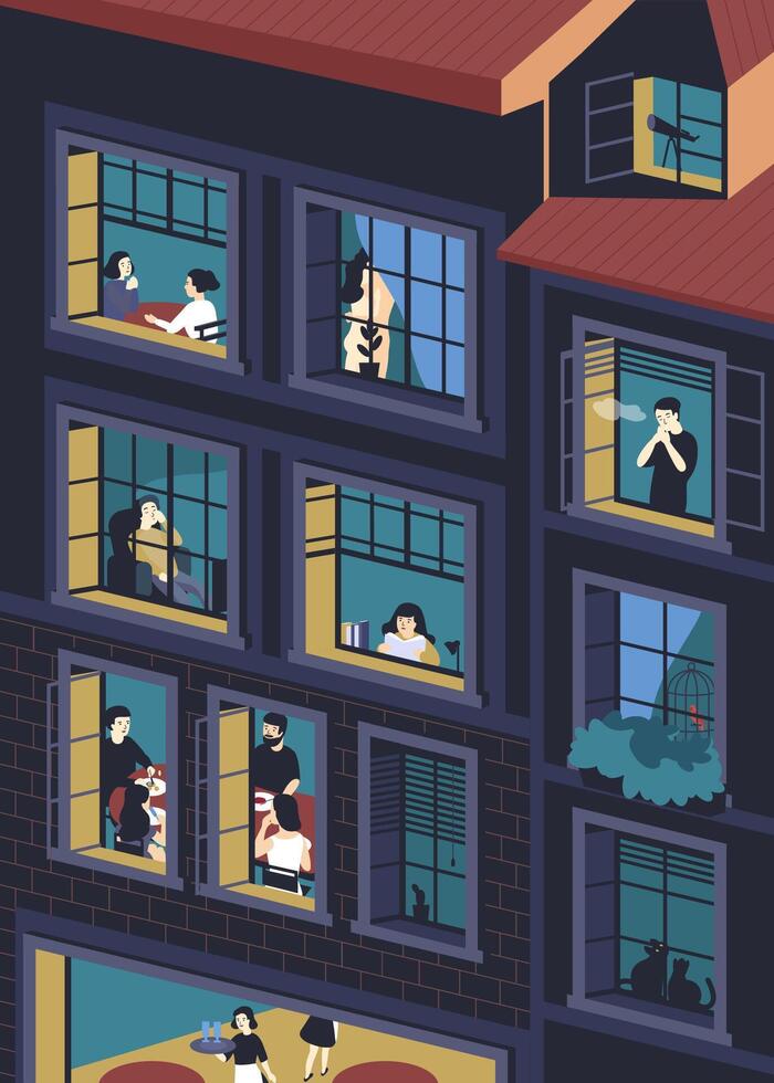 Facade of building with opened windows and people living inside. Men and women eating, smoking, reading, talking in their apartments. Concept of neighbors and neighborhood. illustration. vector