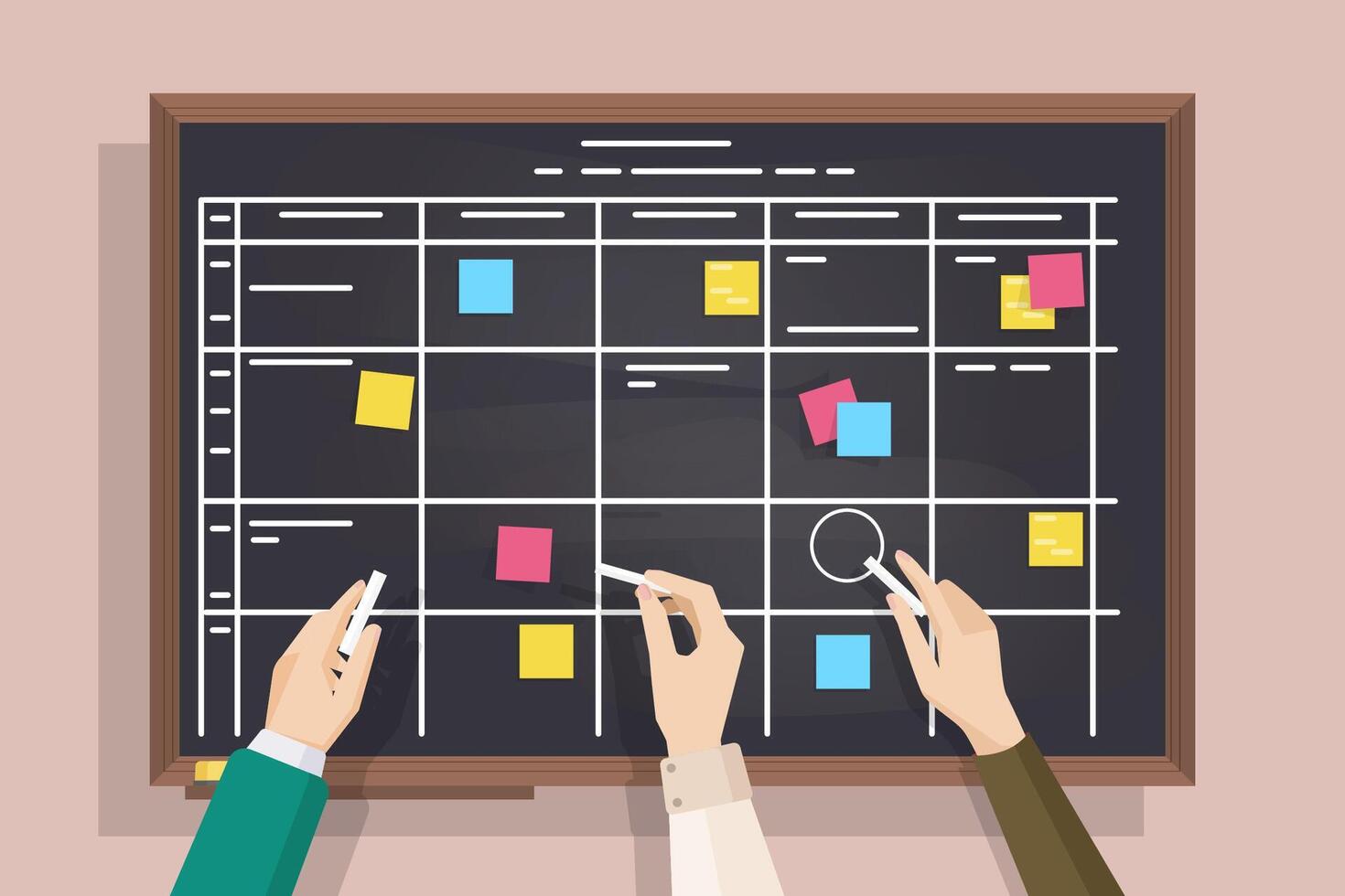 Blackboard with table drawn on it, sticked post-it notes and hands holding pieces of chalk. Board for effective daily planning, scheduling, timetable, to-do list. Colorful illustration. vector