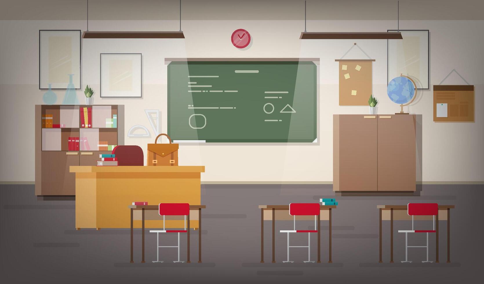 School classroom interior with green wall chalkboard, place for teacher, pendant lights, desks, chairs and other furnishings for studying and teaching. Colorful illustration in flat style. vector