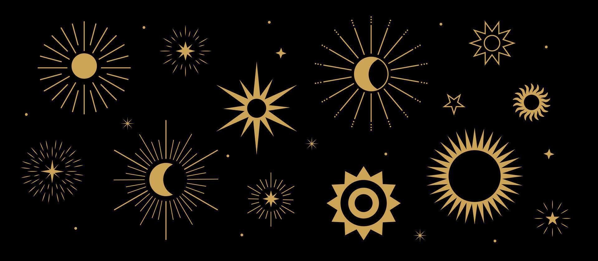Golden set of shine sun and stars symbol. Decoration twinkle, shiny flash. Design elements for logos. Magic background vector