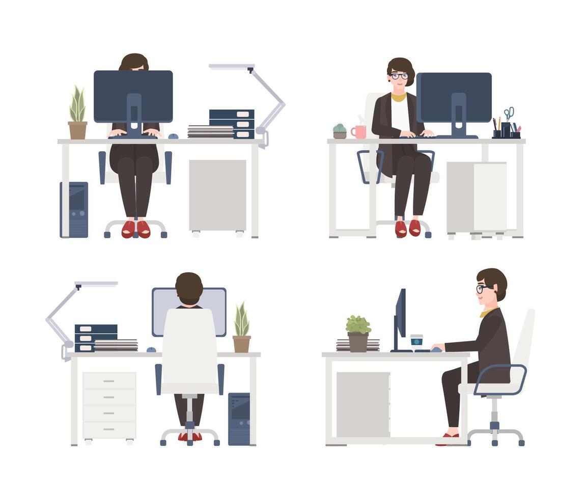 Woman working on computer. Female office worker, secretary or assistant sitting in chair at desk. Flat cartoon character isolated on white background. Front, side and back views. illustration. vector