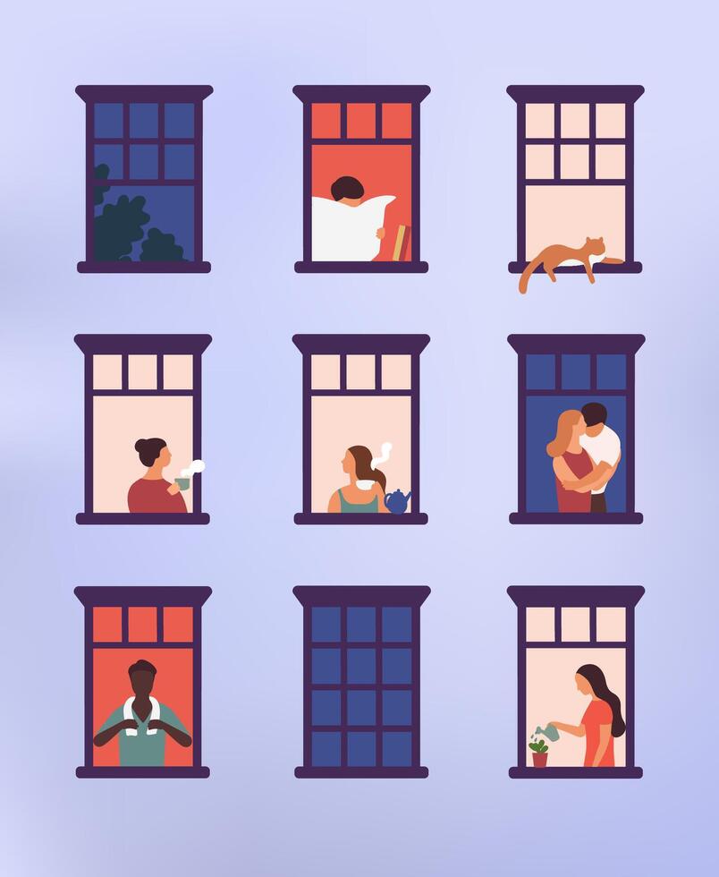 Windows with neighbors doing daily things in their apartments - drinking tea, talking, watering potted plant, hugging or cuddling, reading newspaper. Colorful illustration in modern flat style. vector