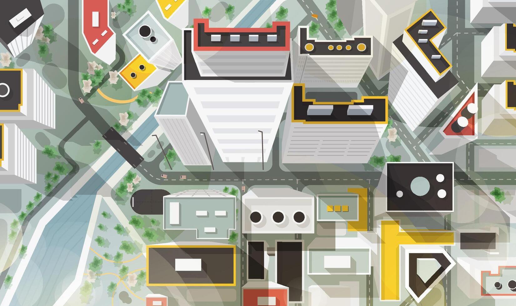 Top, aerial or bird's eye view of city with buildings of modern architecture, skyscrapers, streets, river and bridge. Beautiful urban landscape, plan. Colorful illustration in cartoon style. vector
