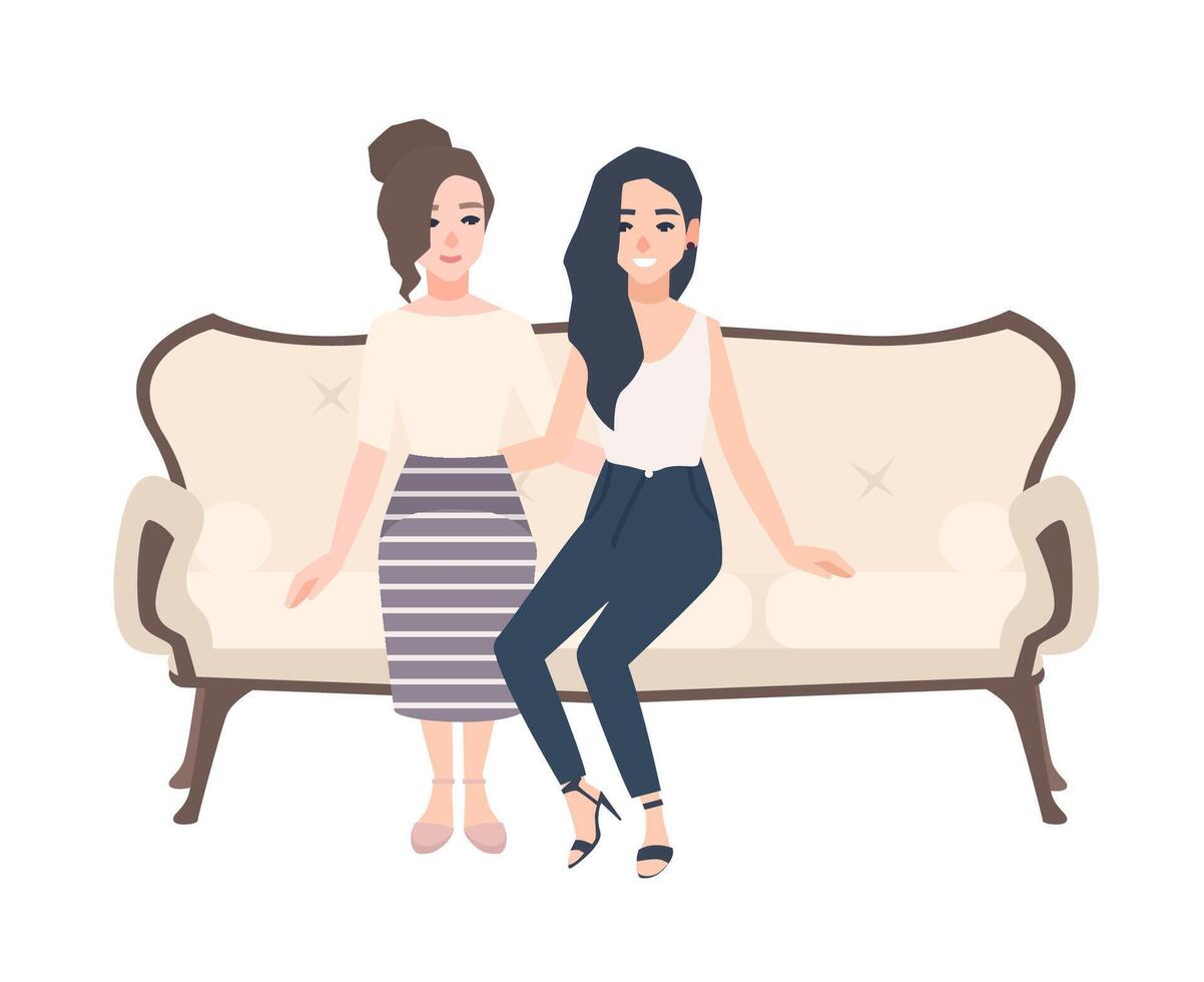 Pair of smiling young women dressed in elegant clothes sitting on classical sofa. Two cheerful female cartoon characters embracing on cozy couch. Friend's meeting. Colorful illustration. vector